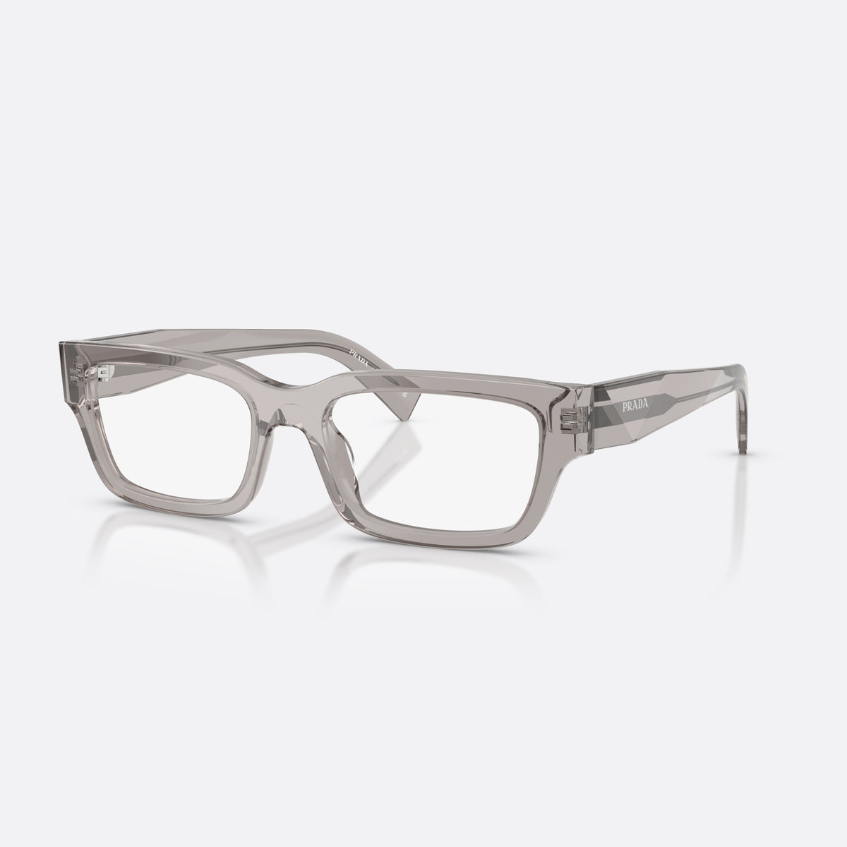 Prada PR C02V 18J1O1 eyeglasses, grey pillow frame for men, plain acetate-style bridge, brand lettering on temples