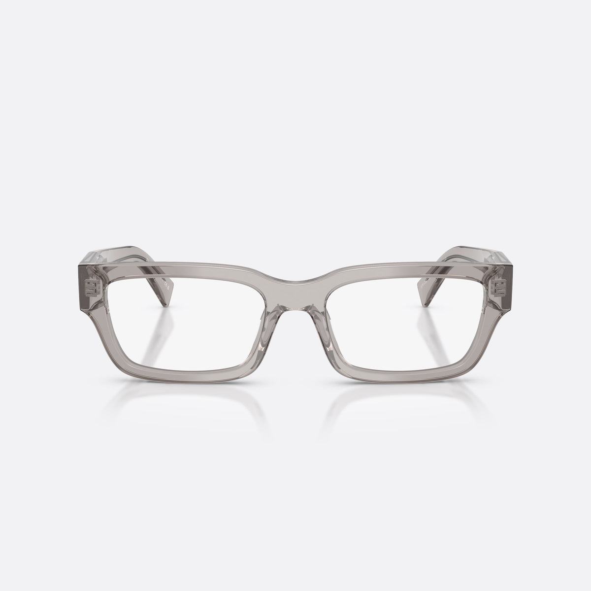 Prada PR C02V 18J1O1 eyeglasses, grey pillow frame for men, plain acetate-style bridge, brand lettering on temples, front view