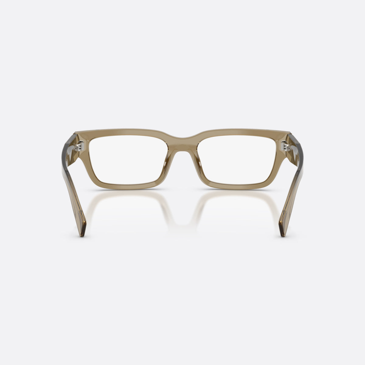 Prada PR C02V 22H1O1 eyeglasses, brown pillow frame for men, plain bridge, brand lettering on temples, back view