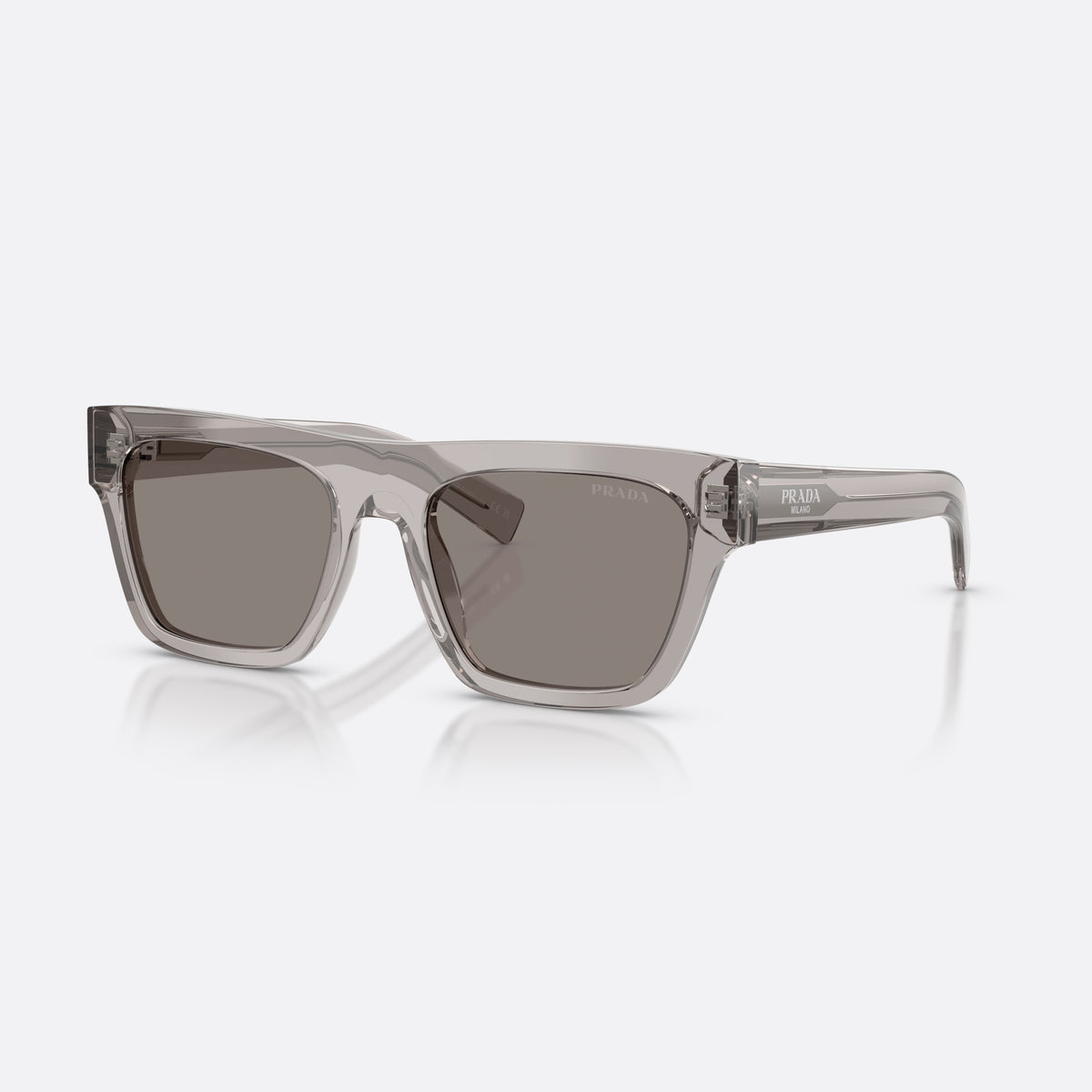 Prada PR C03S 10J80Q sunglasses, grey rectangle frame for men, plain bridge, brand lettering on temples, full-rim frame