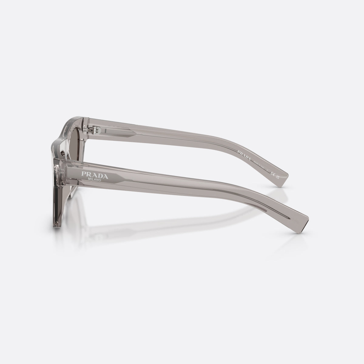 Prada PR C03S 10J80Q sunglasses, grey rectangle frame for men, plain bridge, brand lettering on temples, full-rim frame, side view