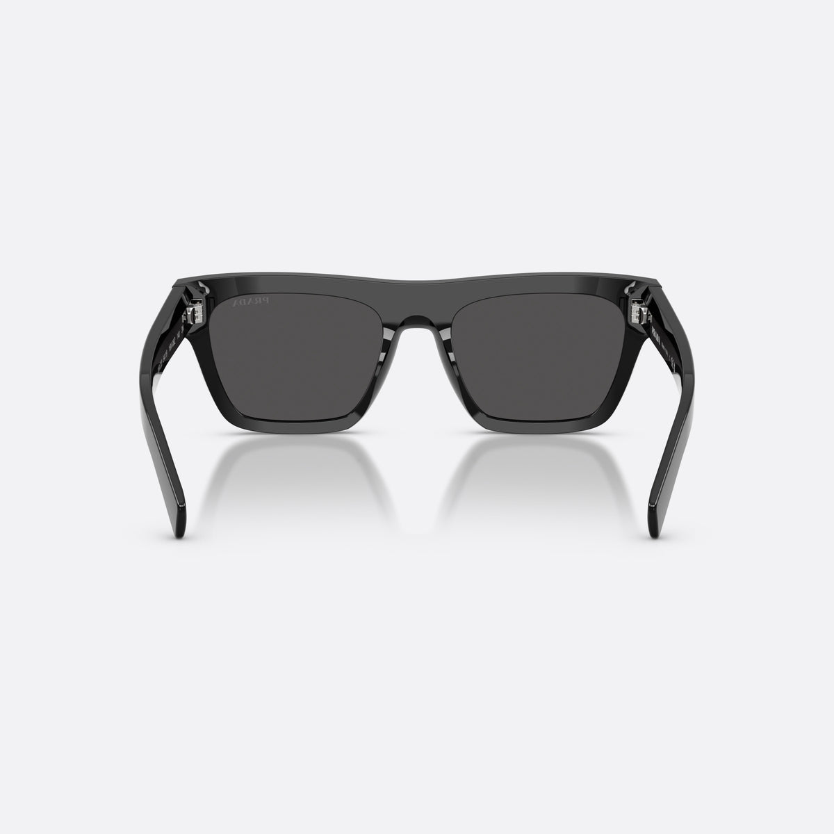 Prada PR C03S 16K08Z sunglasses, black rectangle frame for men, plain bridge, brand lettering on temples, full-rim frame, back view