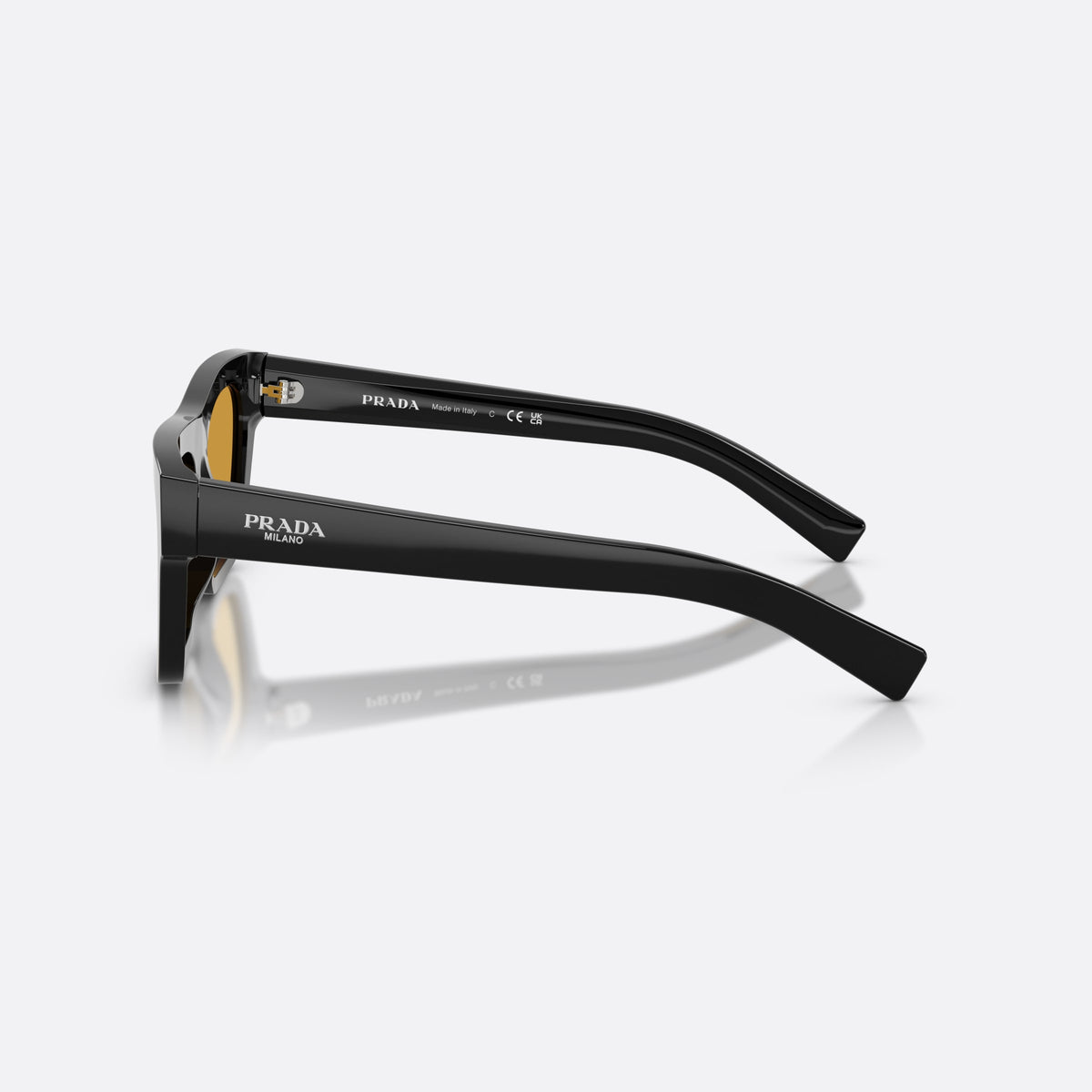 Prada PR C03S 16K50P sunglasses, black rectangle frame for men, plain bridge, brand lettering on the temples, full-rim frame, side view