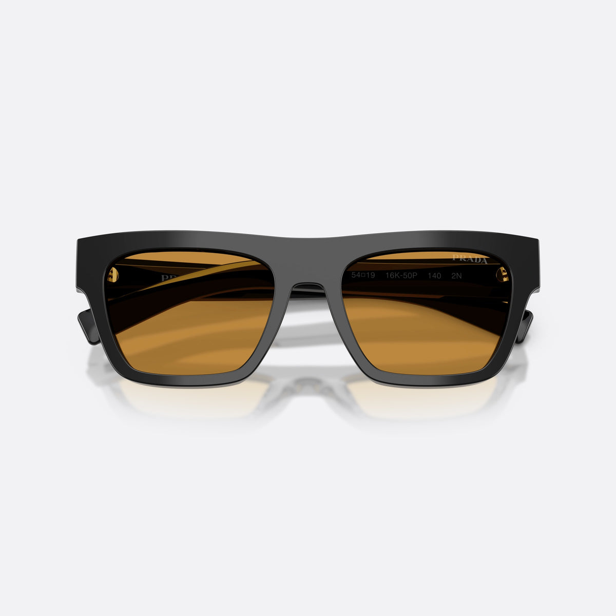 Prada PR C03S 16K50P sunglasses, black rectangle frame for men, plain bridge, brand lettering on the temples, full-rim frame, folded