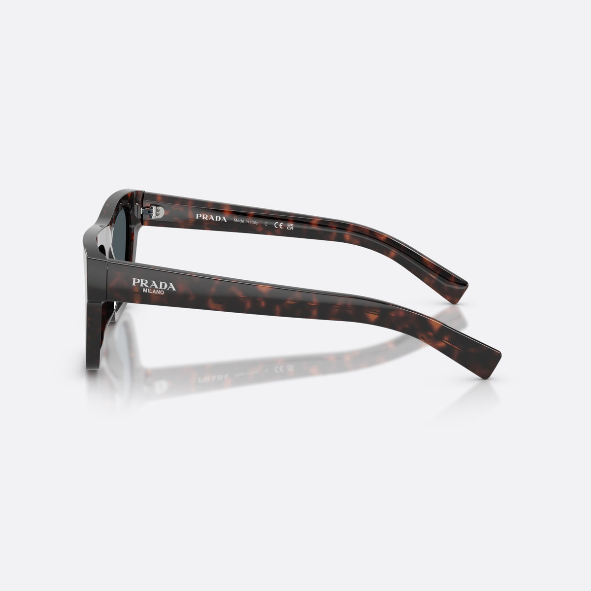 Prada PR C03S 17N70B sunglasses, havana rectangle frame for men, plain bridge, integrated into frame, full-rim thick frame, side view