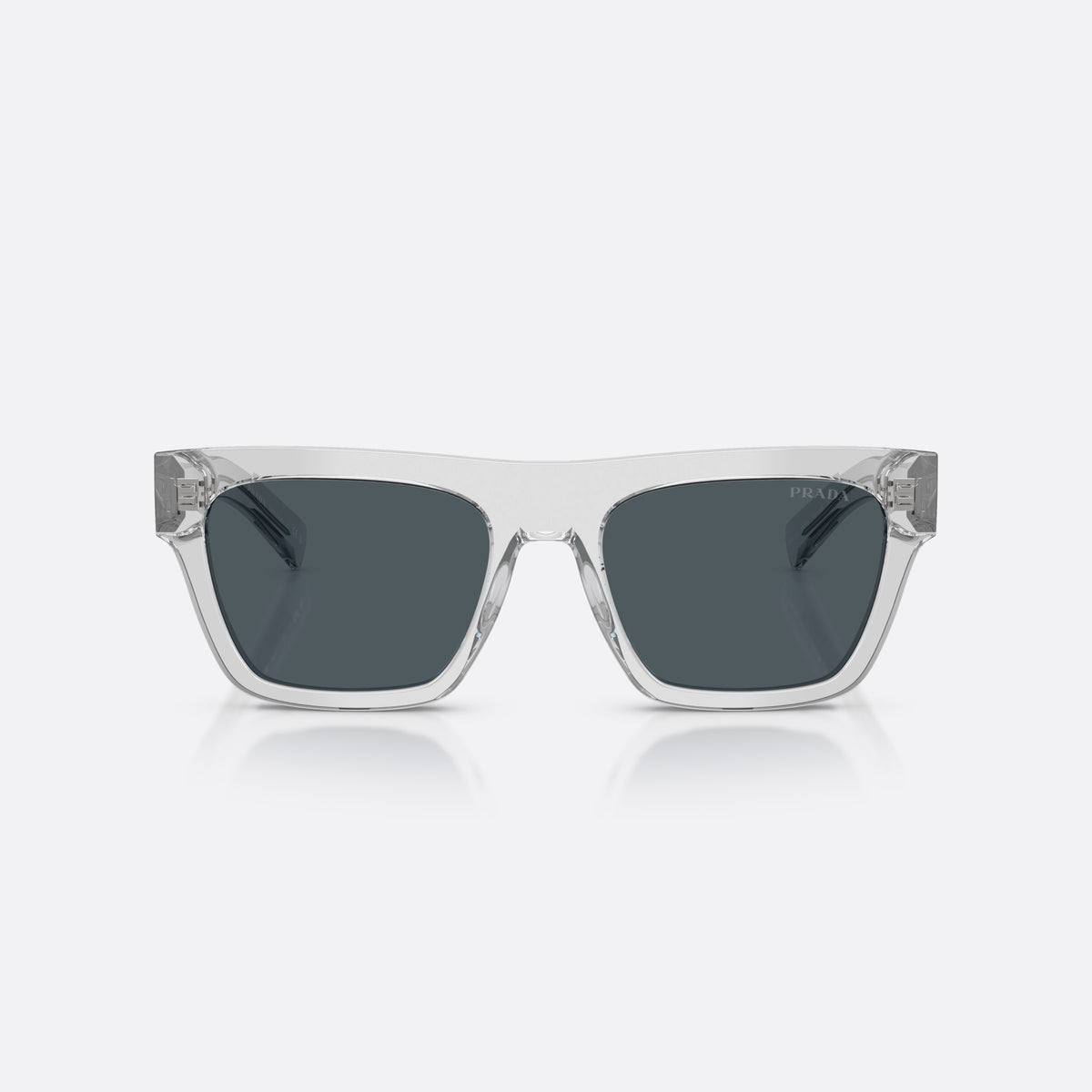 Prada PR C03S 17P70B sunglasses, grey rectangle frame for men, plain double-bridge style top bar, brand logo on lens rim, front view