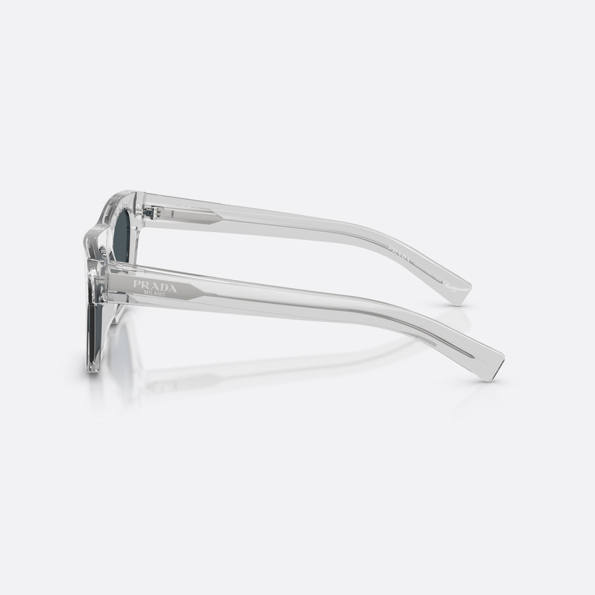 Prada PR C03S 17P70B sunglasses, grey rectangle frame for men, plain double-bridge style top bar, brand logo on lens rim, side view