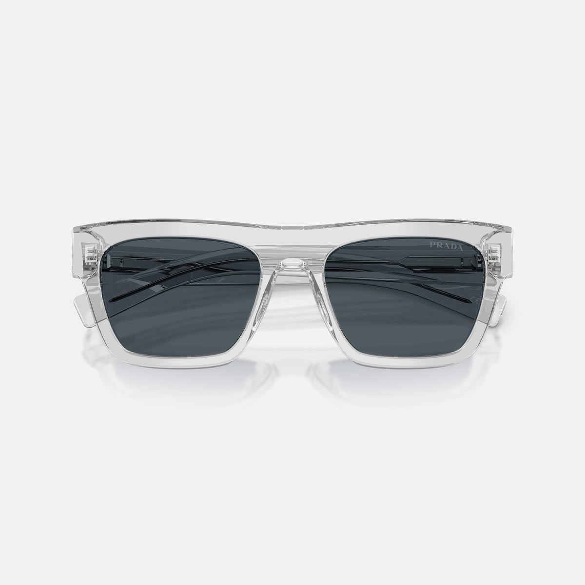 Prada PR C03S 17P70B sunglasses, grey rectangle frame for men, plain double-bridge style top bar, brand logo on lens rim, folded