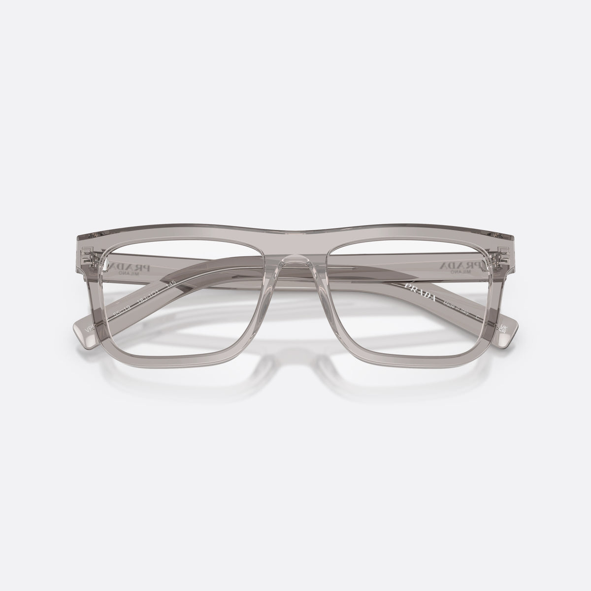 Prada PR C03V 18J1O1 eyeglasses, grey pillow frame for men, keyhole bridge, brand lettering on the temples, folded
