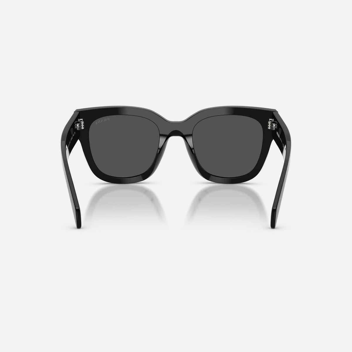 Prada PR C04S 16K08Z sunglasses, black square frame for women, plain integrated bridge, brand lettering on temples, back view