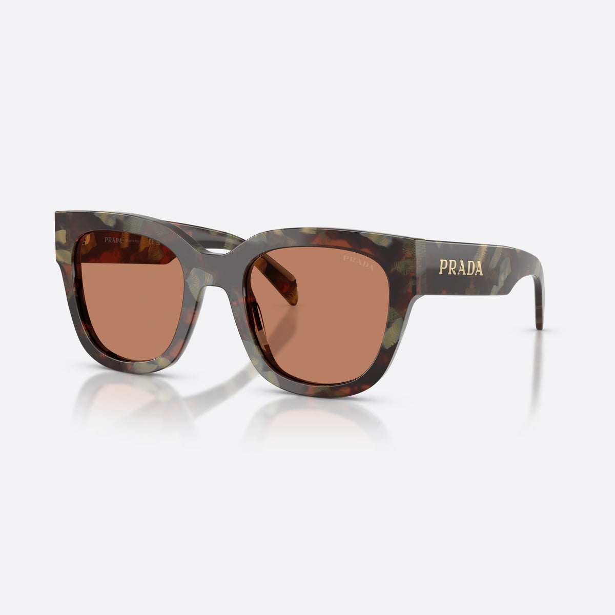 Prada PR C04S 22F90Q sunglasses, havana square frame for women, plain bridge, brand lettering on the temples