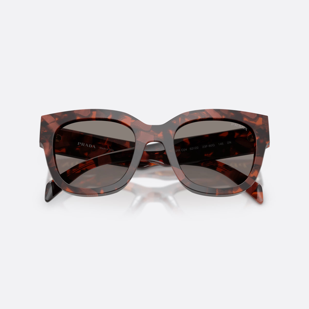Prada PR C04S 23F80Q sunglasses, havana square frame for women, plain bridge, integrated into frame, full rim frame, folded