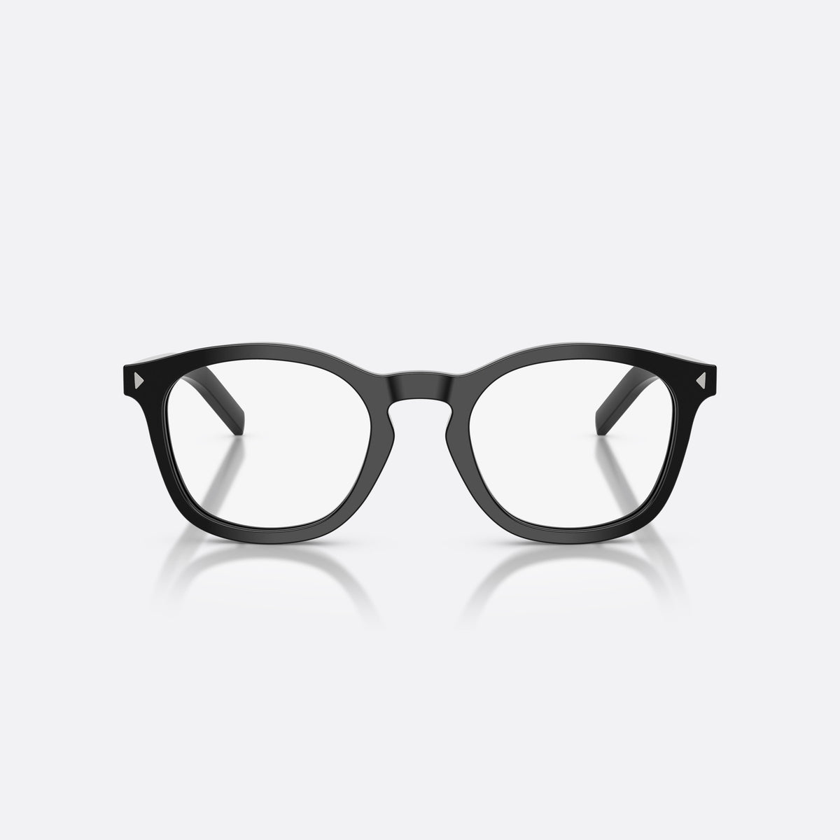 Prada PR C04V 16K1O1 eyeglasses, black pillow frame for men, brand lettering on the temples, slim tapered temples, front view