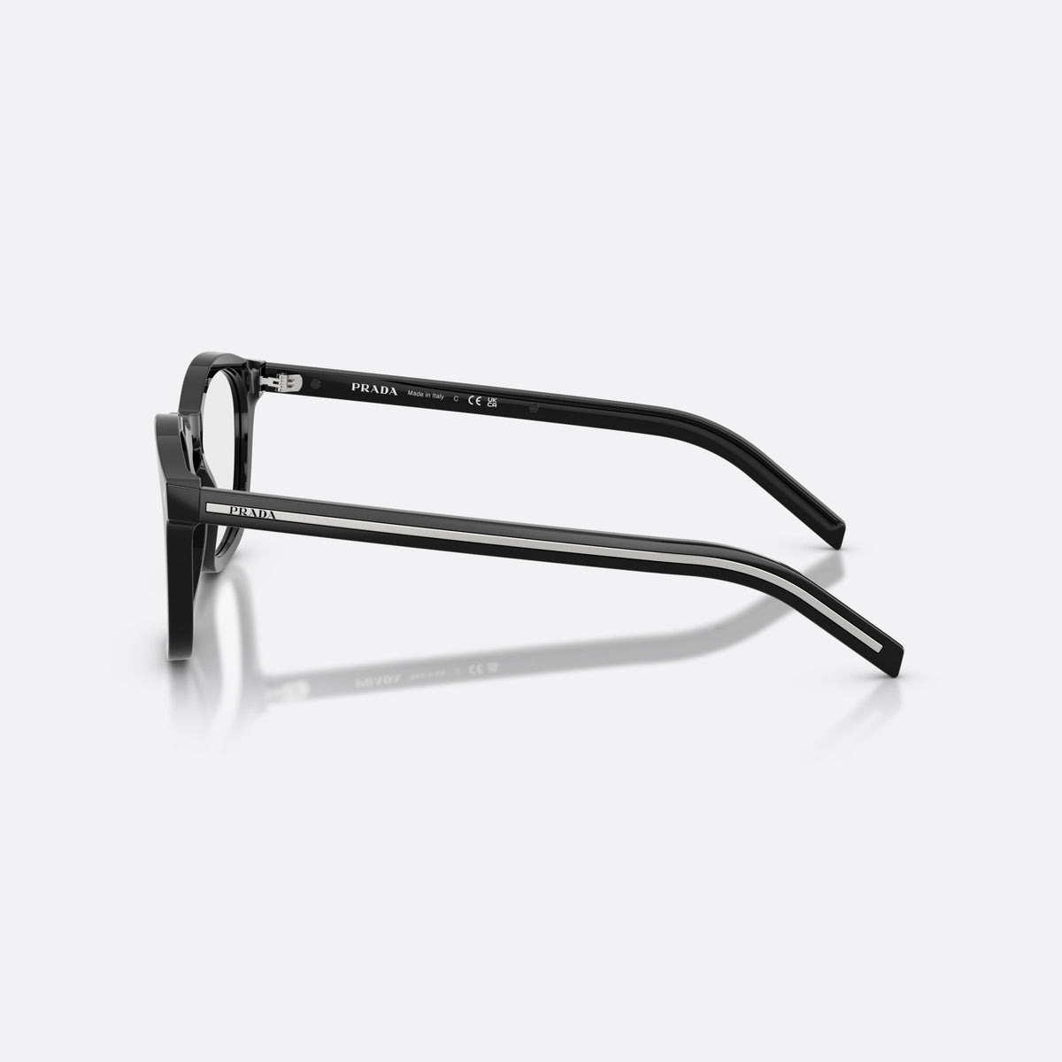 Prada PR C04V 16K1O1 eyeglasses, black pillow frame for men, brand lettering on the temples, slim tapered temples, side view
