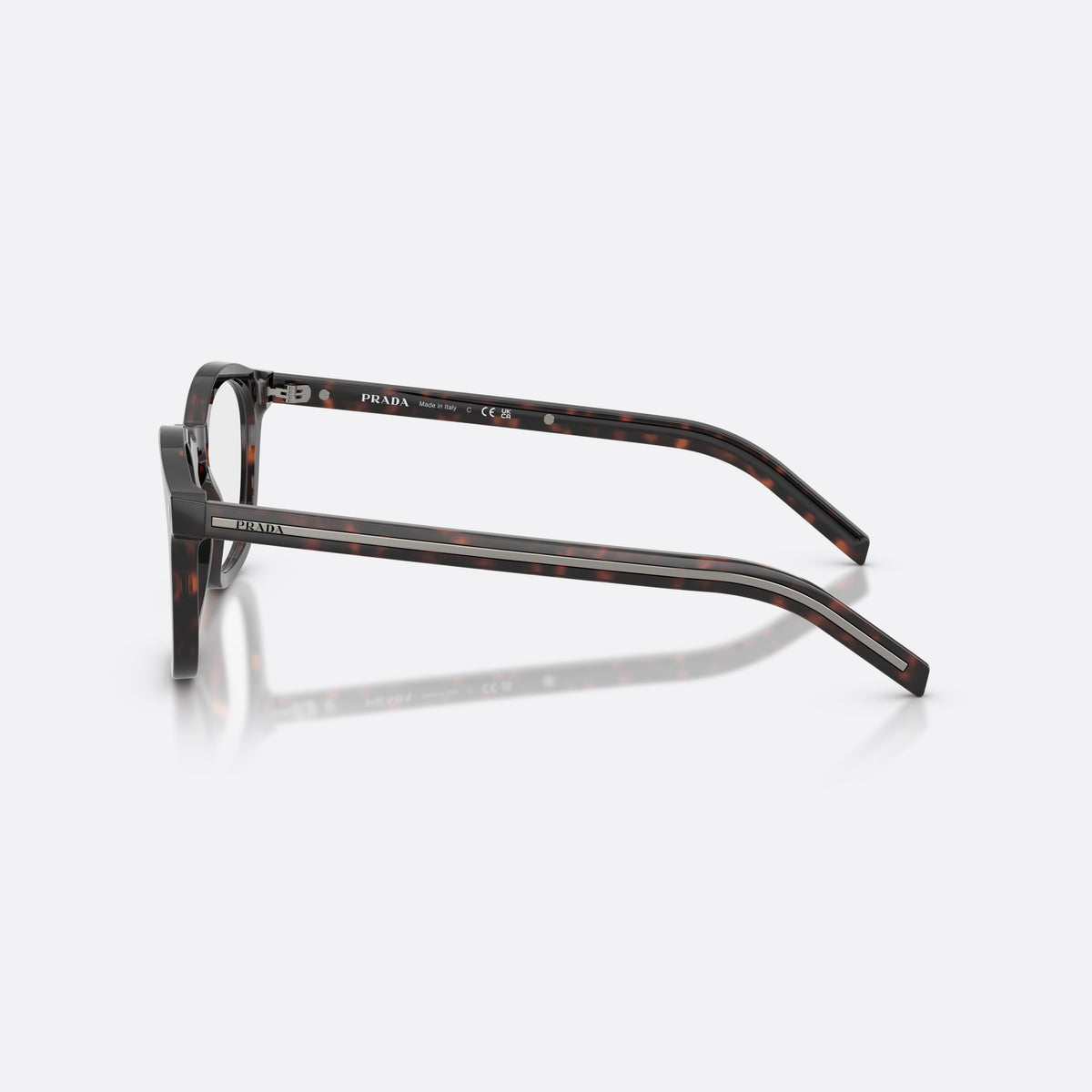 Prada PR C04V 17N1O1 eyeglasses, havana pillow frame for men, brand lettering on temples, full-rim frame, side view