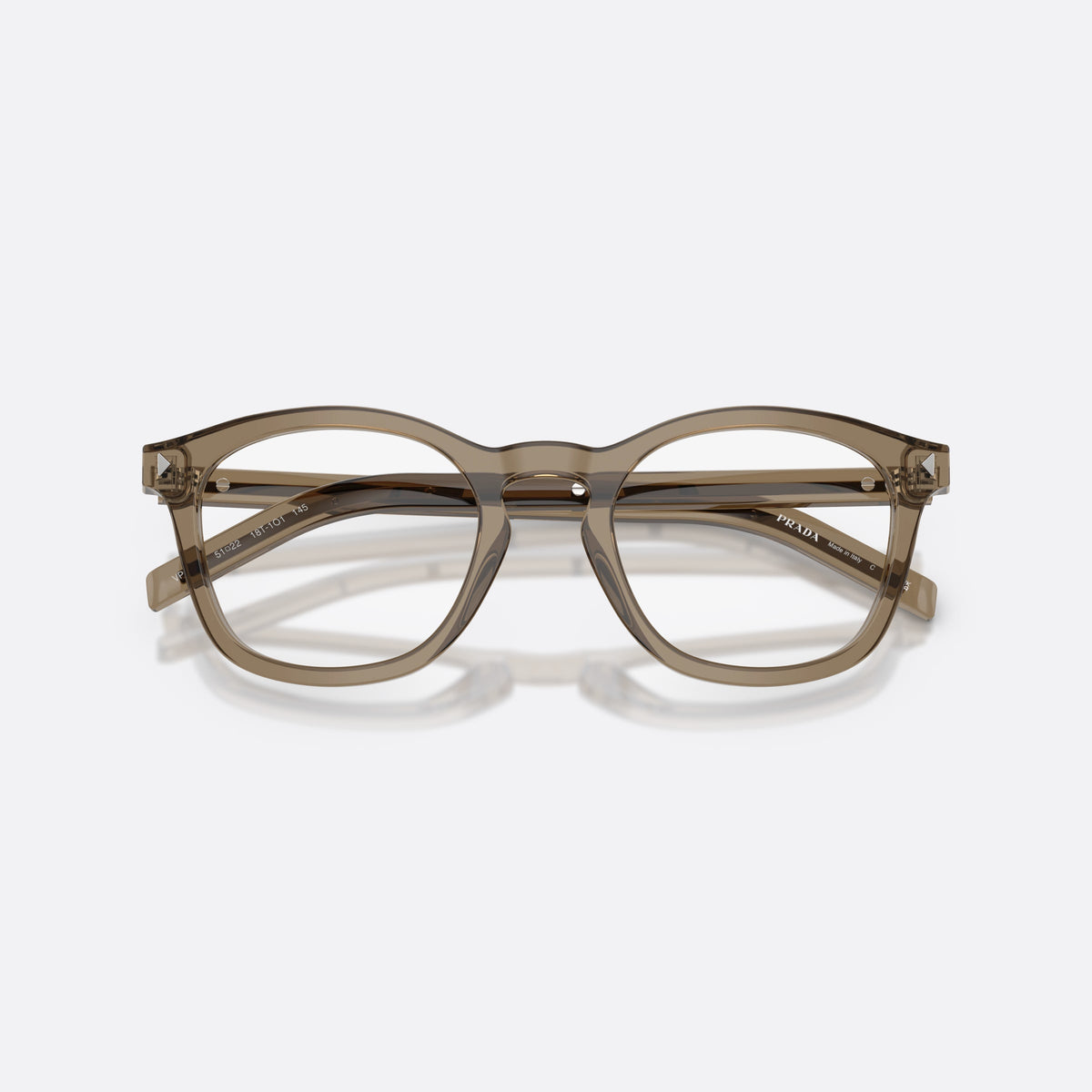 Prada PR C04V 18T1O1 eyeglasses, brown pillow frame for men, brand lettering on temples, slim temples with stripe, folded