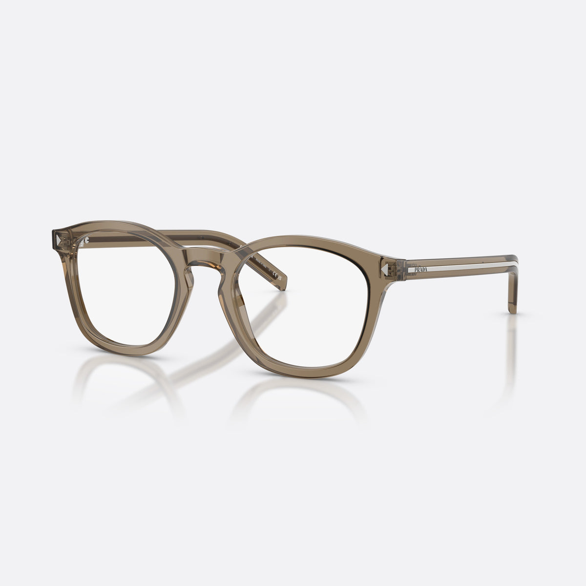 Prada PR C04V 18T1O1 eyeglasses, brown pillow frame for men, brand lettering on temples, full-rim frame