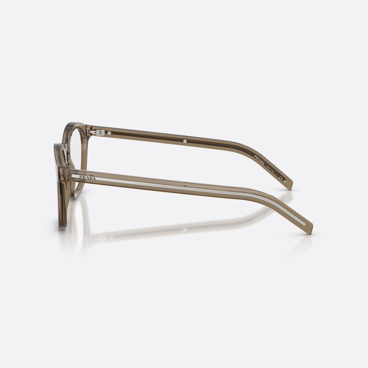 Prada PR C04V 18T1O1 eyeglasses, brown pillow frame for men, brand lettering on temples, full-rim frame, side view