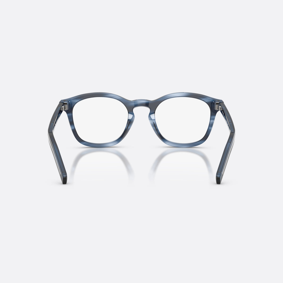 Prada PR C04V 26F1O1 eyeglasses, blue pillow frame for men, brand lettering on the temples, full-rim frame, back view