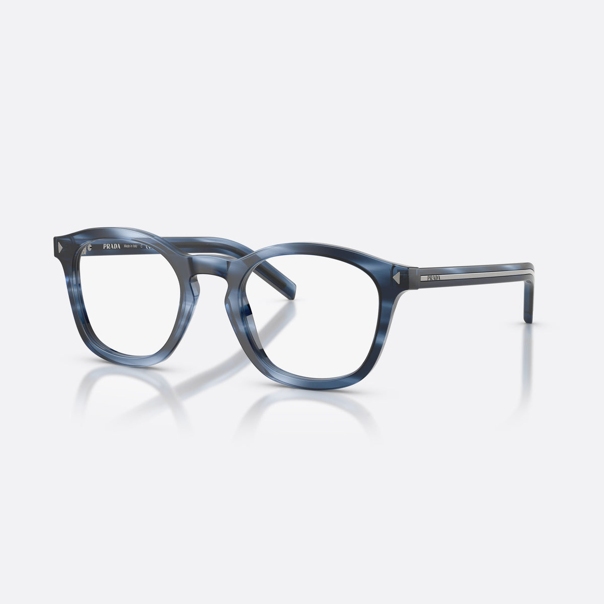 Prada PR C04V 26F1O1 eyeglasses, blue pillow frame for men, brand lettering on temples, full-rim thick frame