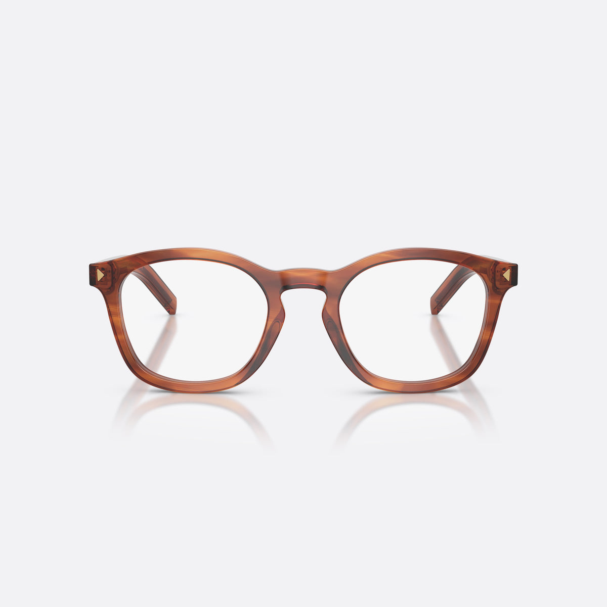 Prada PR C04V 27F1O1 eyeglasses, brown pillow frame for men, brand lettering on temples, slim tapered temples, front view