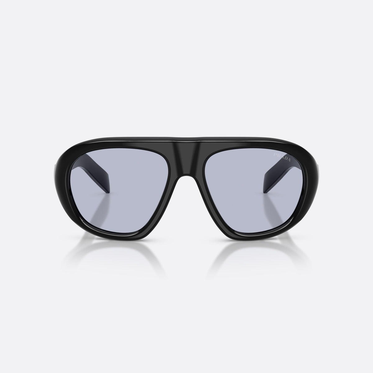 Prada PR C05S 16K30X sunglasses, black irregular frame for women, plain double bridge, brand logo on temple, front view