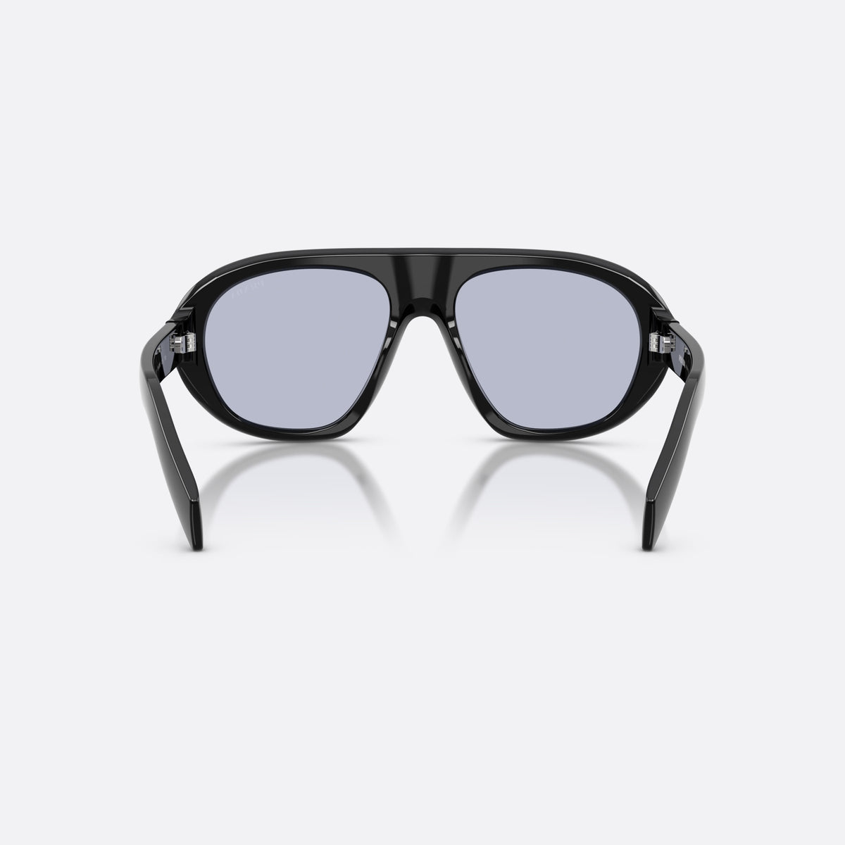 Prada PR C05S 16K30X sunglasses, black irregular frame for women, plain double bridge, brand logo on temple, back view