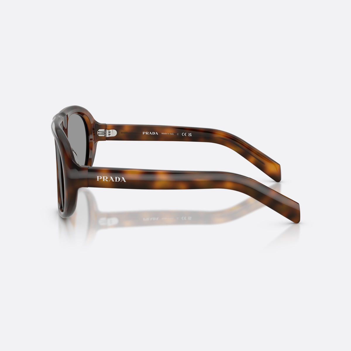 Prada PR C05S 20D50Q sunglasses, havana irregular frame for women, plain double bridge, brand logo on temple, full-rim frame, side view