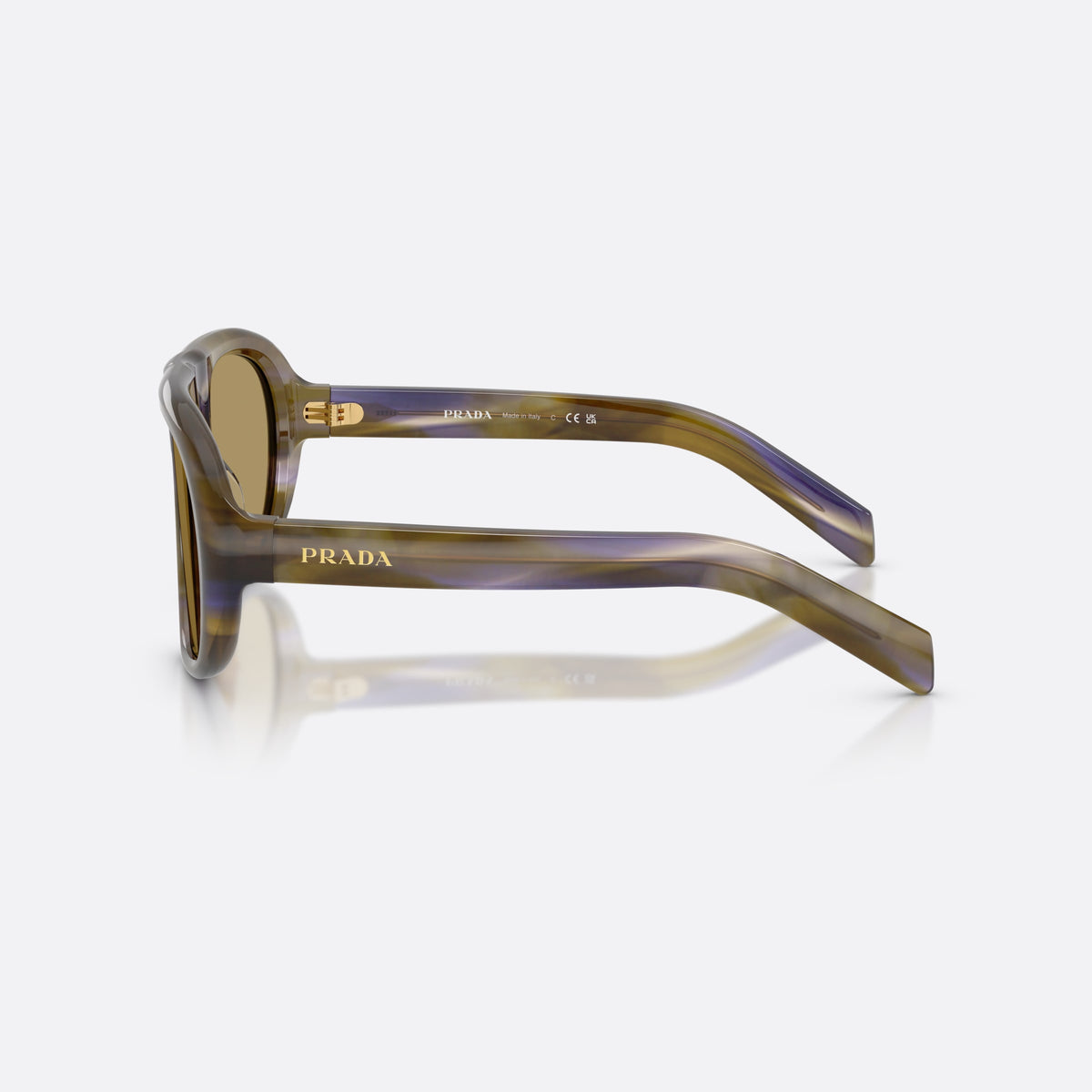 Prada PR C05S 23G70G sunglasses, brown irregular frame for women, plain double bridge, brand logo on temple, full-rim frame, side view