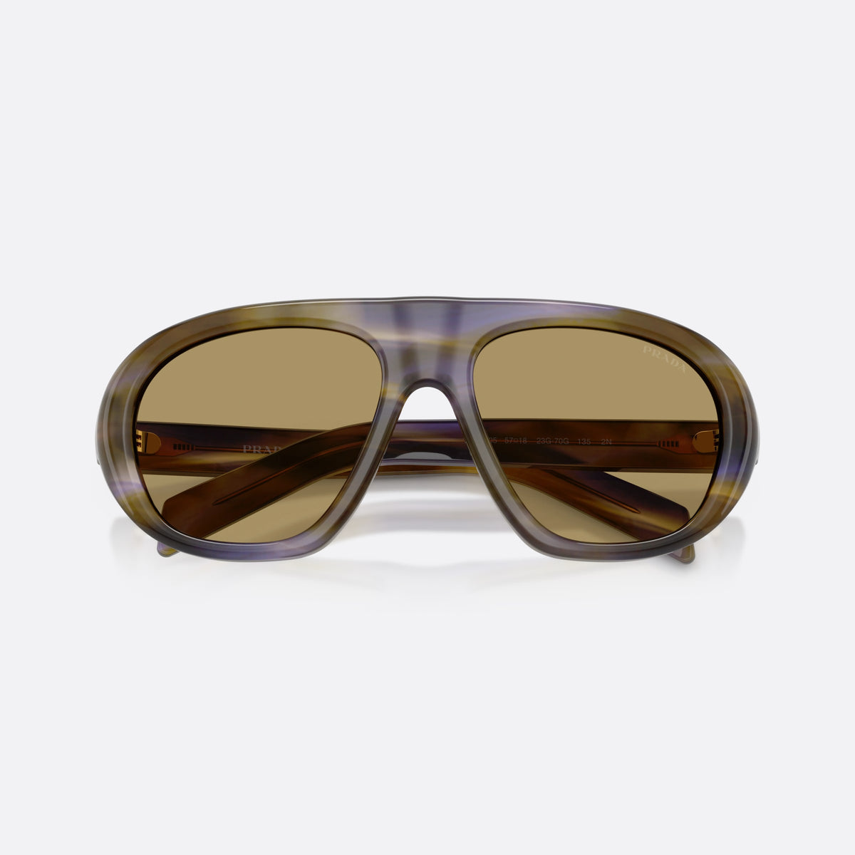 Prada PR C05S 23G70G sunglasses, brown irregular frame for women, plain double bridge, brand logo on temple, full-rim frame, folded