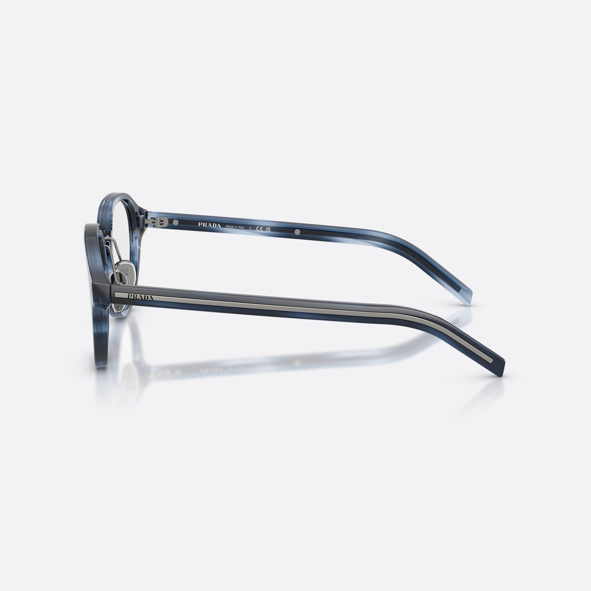 Prada PR C05V 26F1O1 eyeglasses, blue phantos frame for men, brand lettering on the temples, triangular plaque on temple, side view