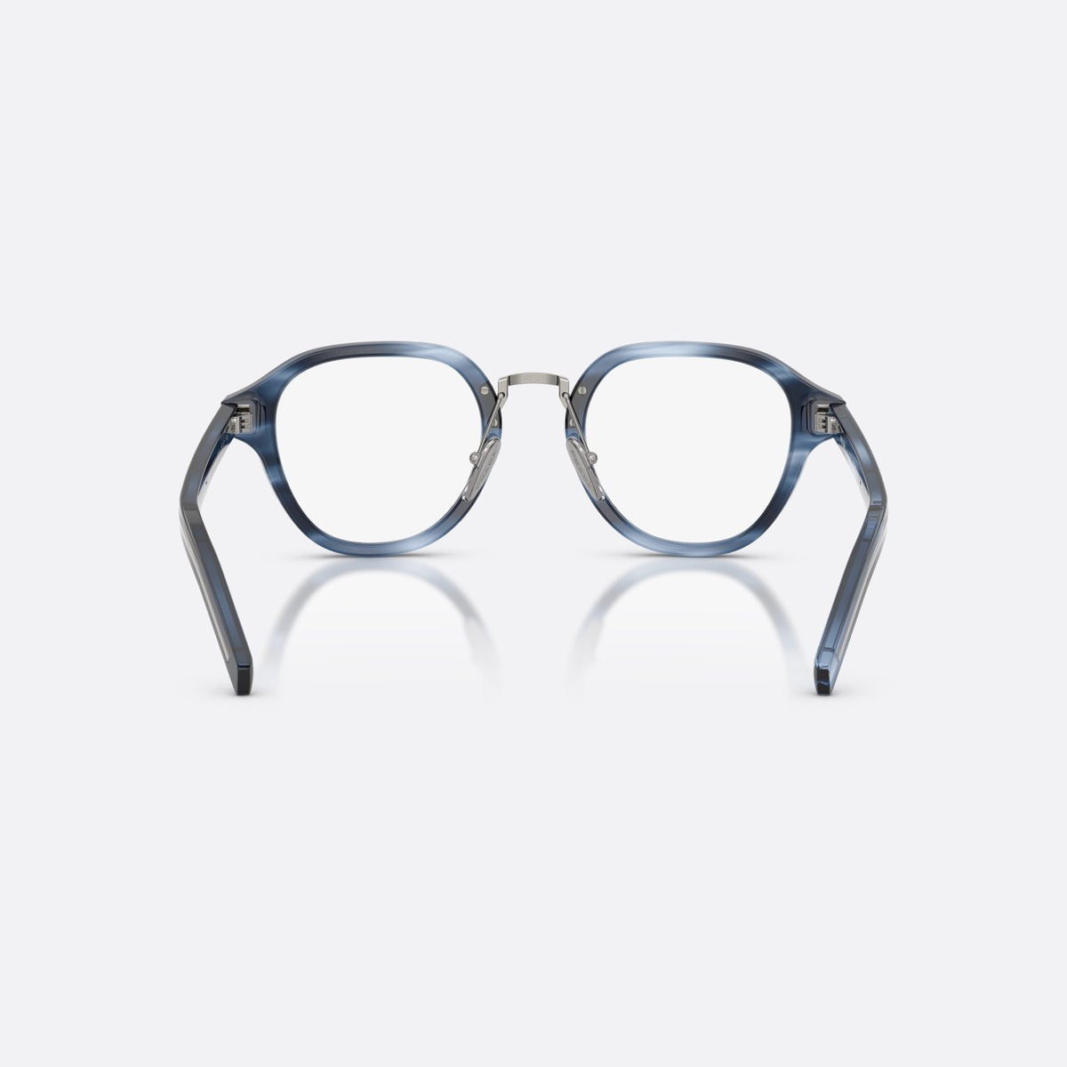Prada PR C05V 26F1O1 eyeglasses, blue phantos frame for men, brand lettering on the temples, triangular plaque on temple, back view