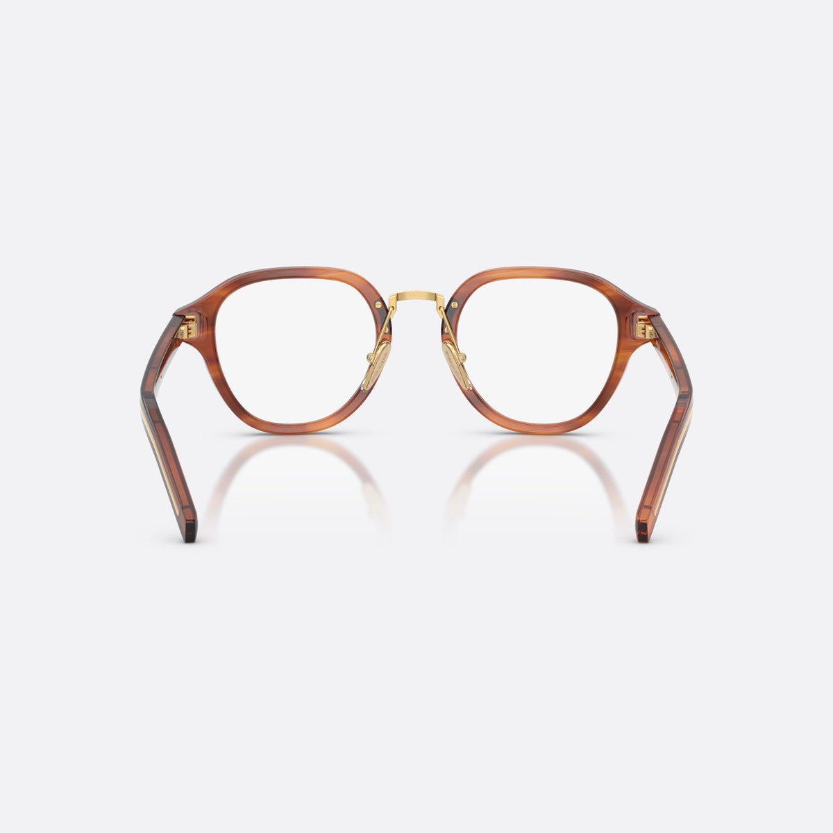 Prada PR C05V 27F1O1 eyeglasses, brown phantos frame for men, brand lettering on temples, slim tapered temples, back view