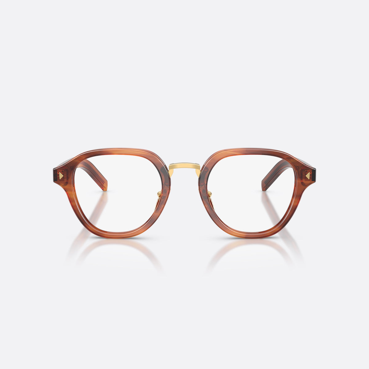 Prada PR C05V 27F1O1 eyeglasses, brown phantos frame for men, brand lettering on temples, slim tapered temples, front view