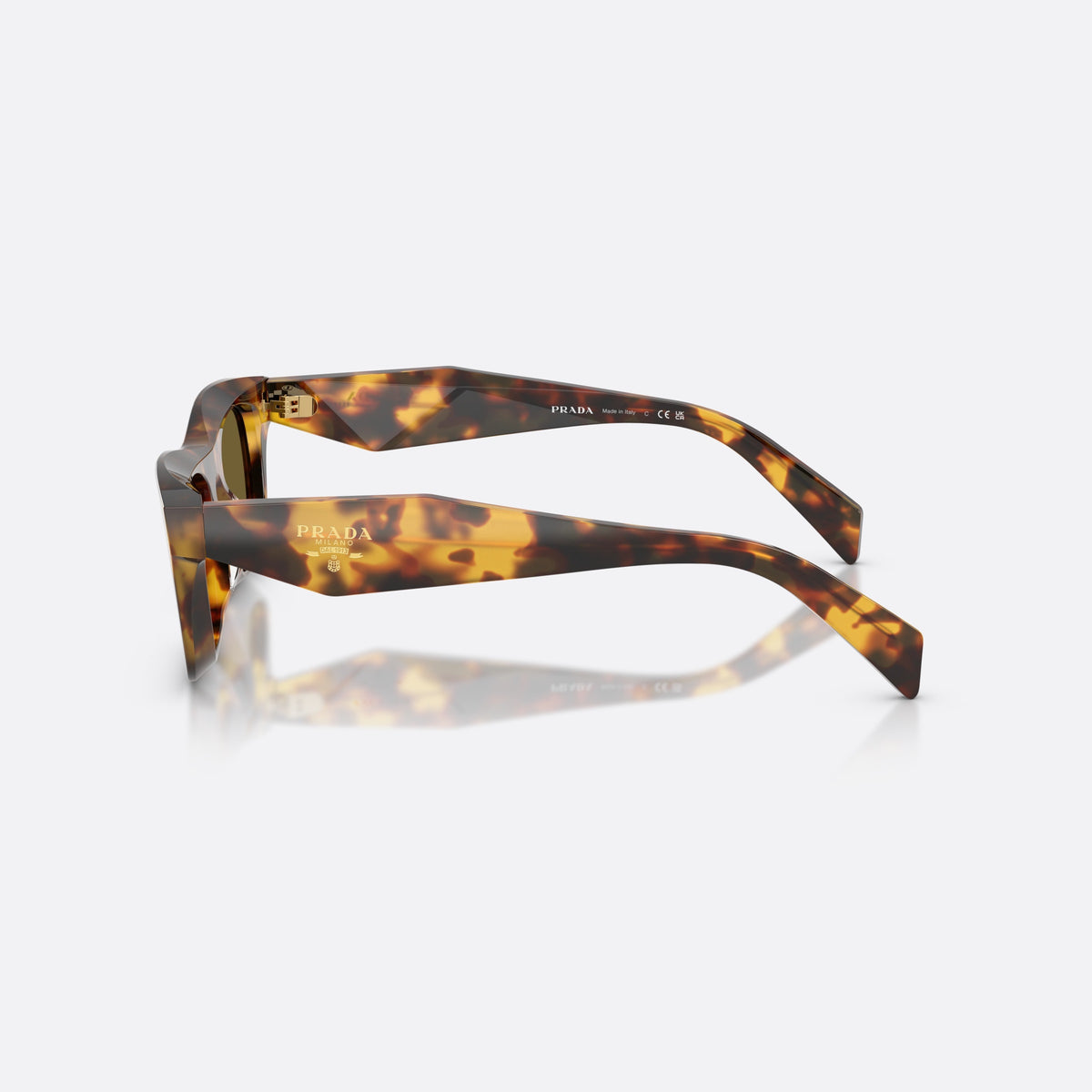 Prada PR C06S 14L09Z sunglasses, havana pillow frame for women, plain bridge, low-profile, brand lettering on temples, side view