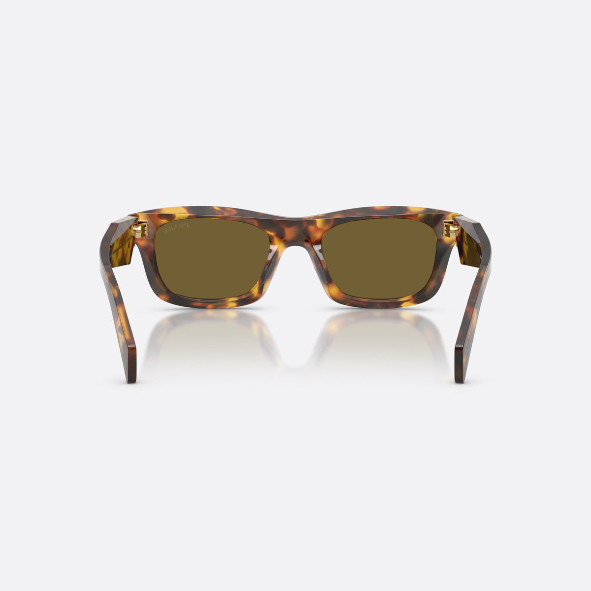 Prada PR C06S 14L09Z sunglasses, havana pillow frame for women, plain bridge, low-profile, brand lettering on temples, back view