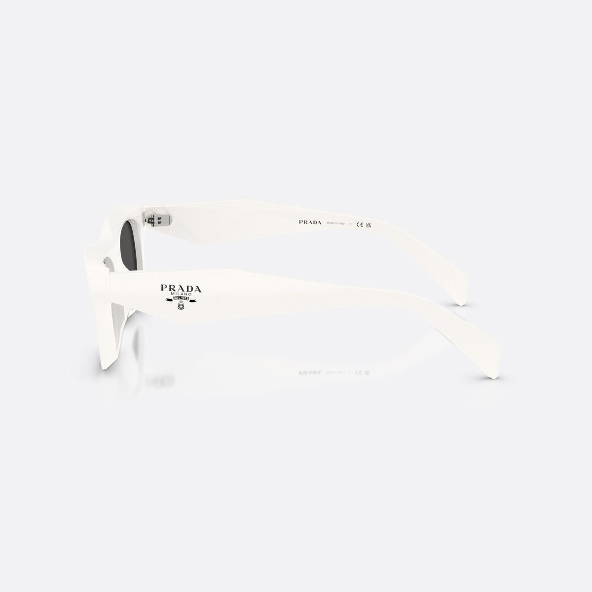 Prada PR C06S 17K08Z sunglasses, white pillow frame for women, plain bridge, integrated into frame, wide tapered temples, side view