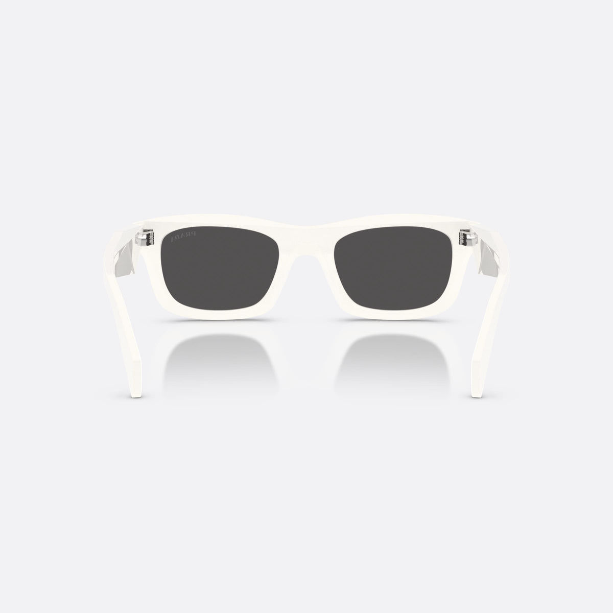 Prada PR C06S 17K08Z sunglasses, white pillow frame for women, plain bridge, integrated into frame, wide tapered temples, back view