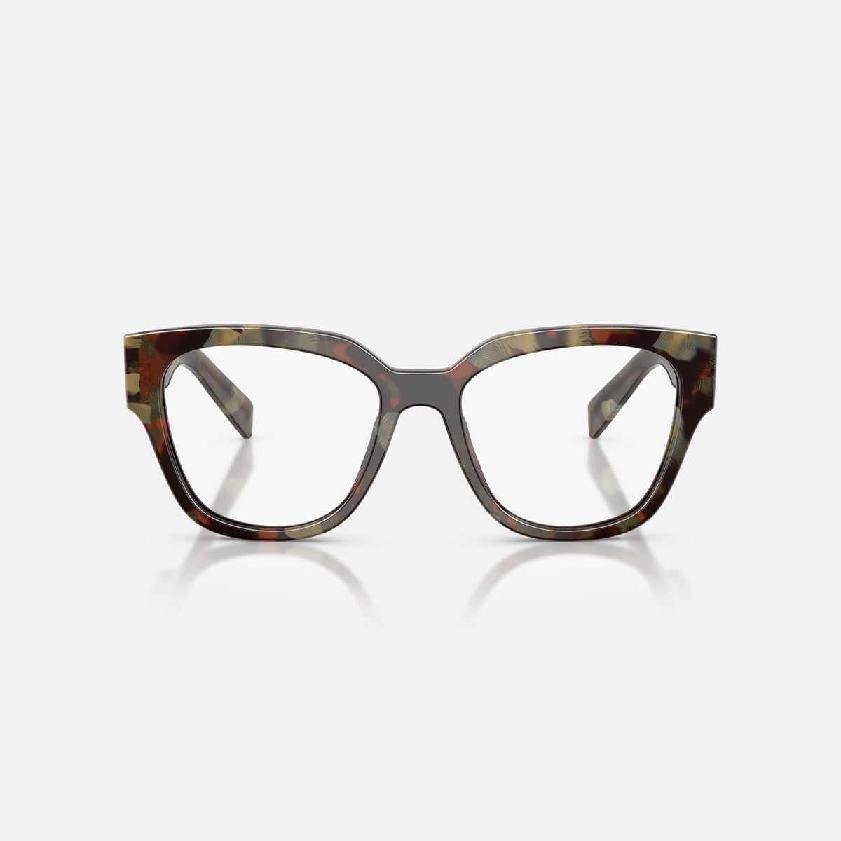 Prada PR C06V 22F1O1 eyeglasses, havana oval frame for women, plain acetate bridge, brand lettering on temples, front view