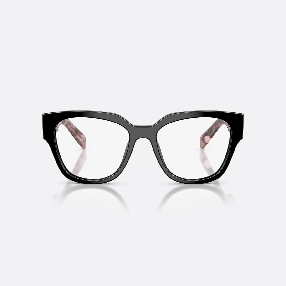 Prada PR C06V 28F1O1 eyeglasses, black oval frame for women, plain saddle bridge, brand lettering on temples, front view