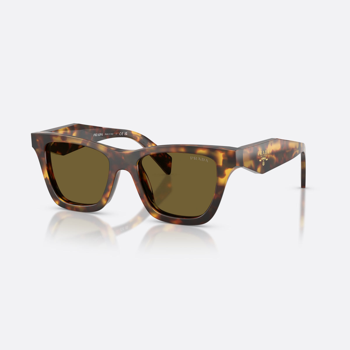Prada PR C07S 14L09Z sunglasses, havana butterfly frame for women, plain bridge with wide arch, brand lettering on temples