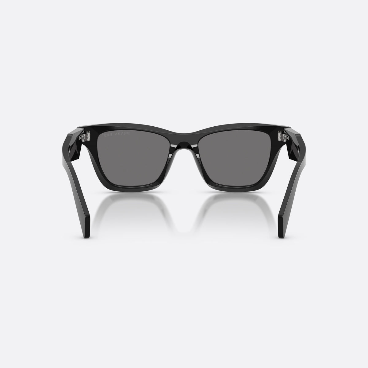 Prada PR C07S 16K90T sunglasses, black butterfly frame for women, plain integrated bridge, brand lettering on temples, back view