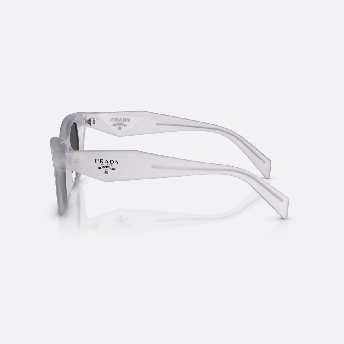 Prada PR C07S 22G08Z sunglasses, clear butterfly frame for women, plain bridge, brand lettering on the temples, full-rim frame, side view