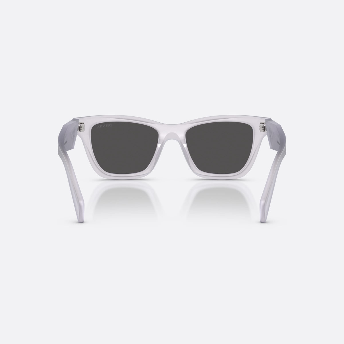 Prada PR C07S 22G08Z sunglasses, clear butterfly frame for women, plain bridge, brand lettering on the temples, full-rim frame, back view
