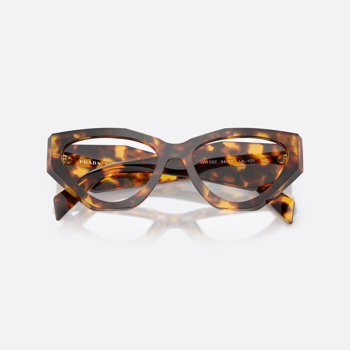 Rame ochelari de vedere Prada PR C07V 14L1O1, neregulat havana, pentru femei, punte simplă, literele brandului pe brațe, ramă completă, cu brațele pliate
