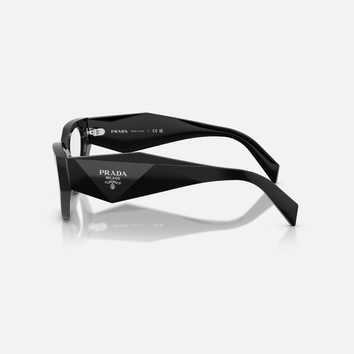 Prada PR C07V 16K1O1 eyeglasses, black irregular frame for women, plain integrated bridge, brand logo plaque on temple, side view