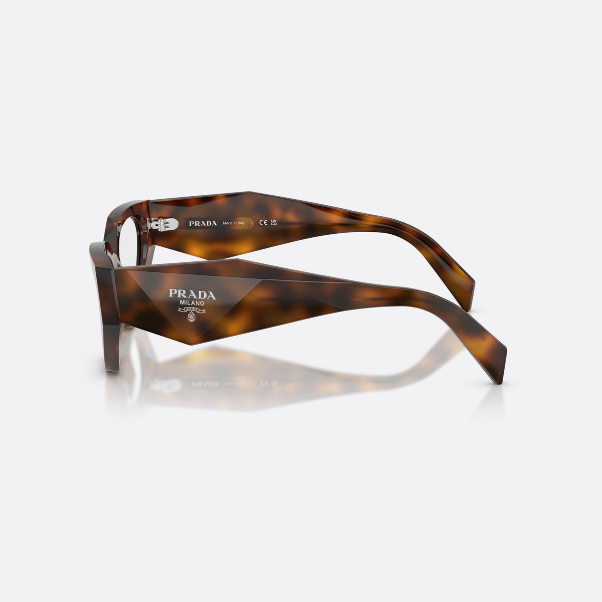 Prada PR C07V 20D1O1 eyeglasses, havana irregular frame for women, plain bridge, brand logo plaque on temple, side view