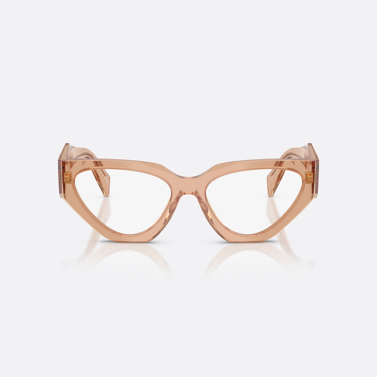 Prada PR C07V 20H1O1 eyeglasses, brown irregular frame for women, integrated bridge with notch, brand lettering on temples, front view