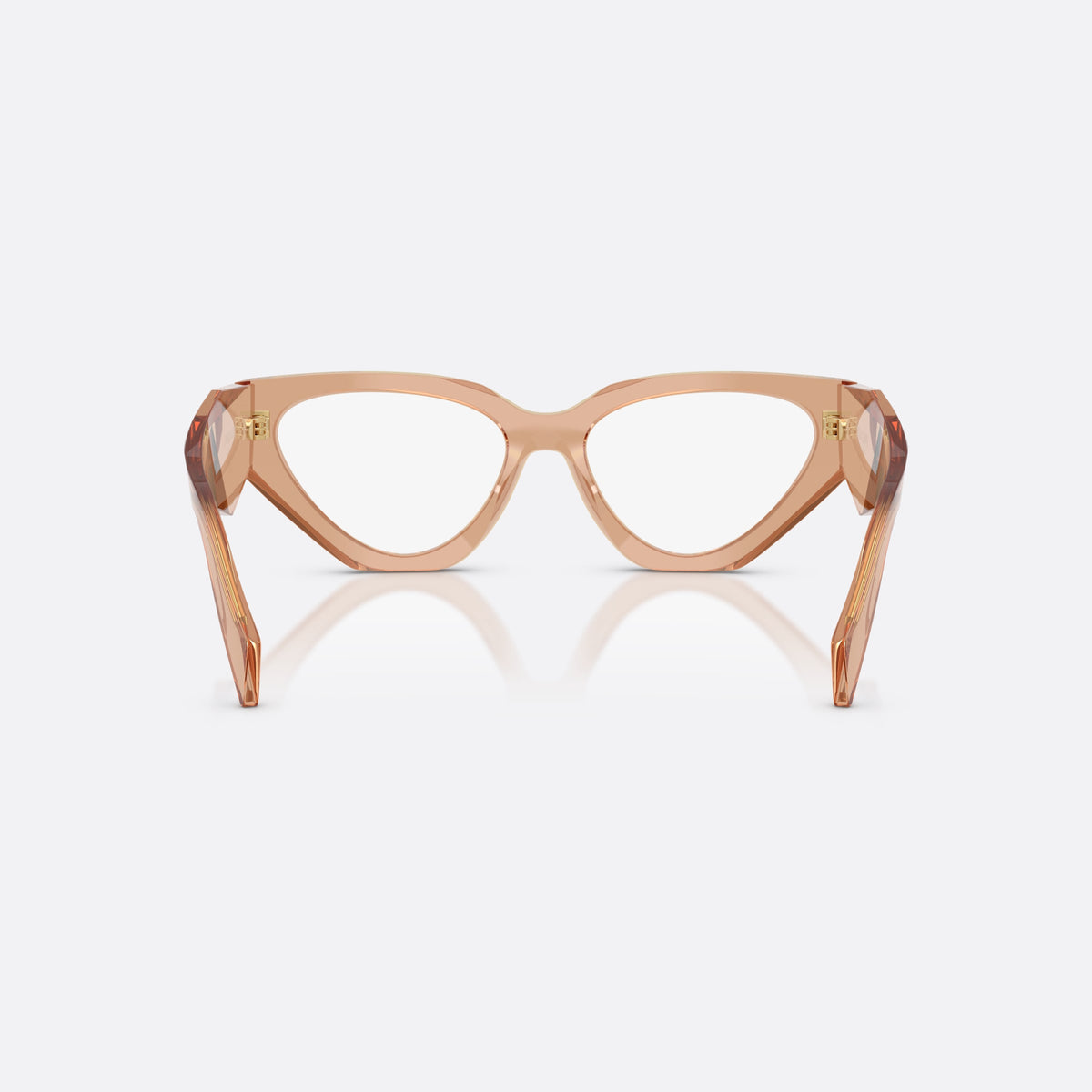 Prada PR C07V 20H1O1 eyeglasses, brown irregular frame for women, integrated bridge with notch, brand lettering on temples, back view