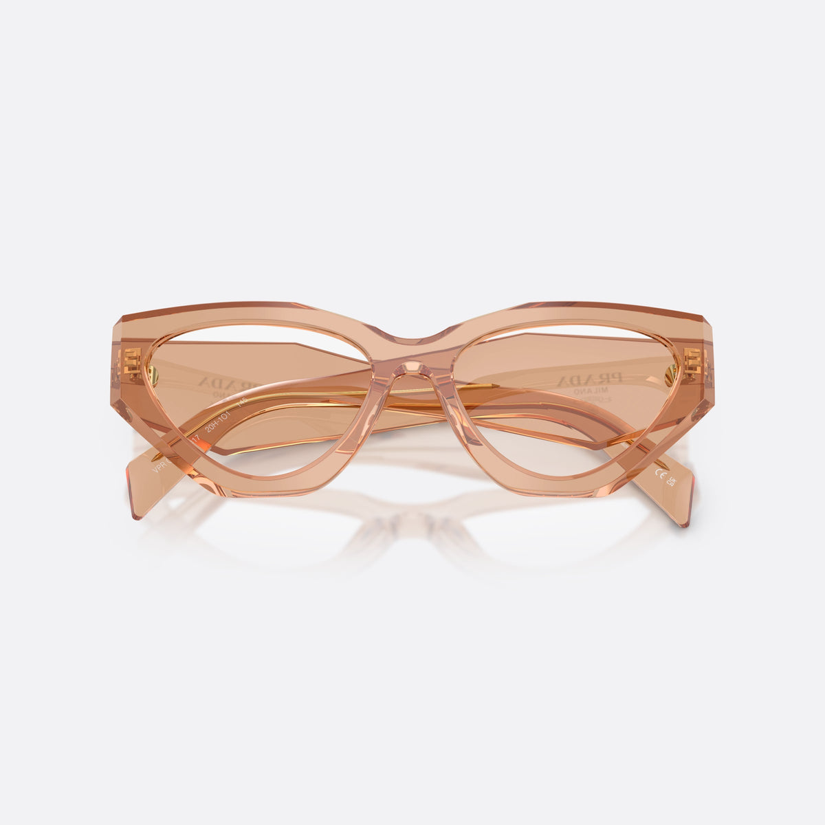 Prada PR C07V 20H1O1 eyeglasses, brown irregular frame for women, integrated bridge with notch, brand lettering on temples, folded